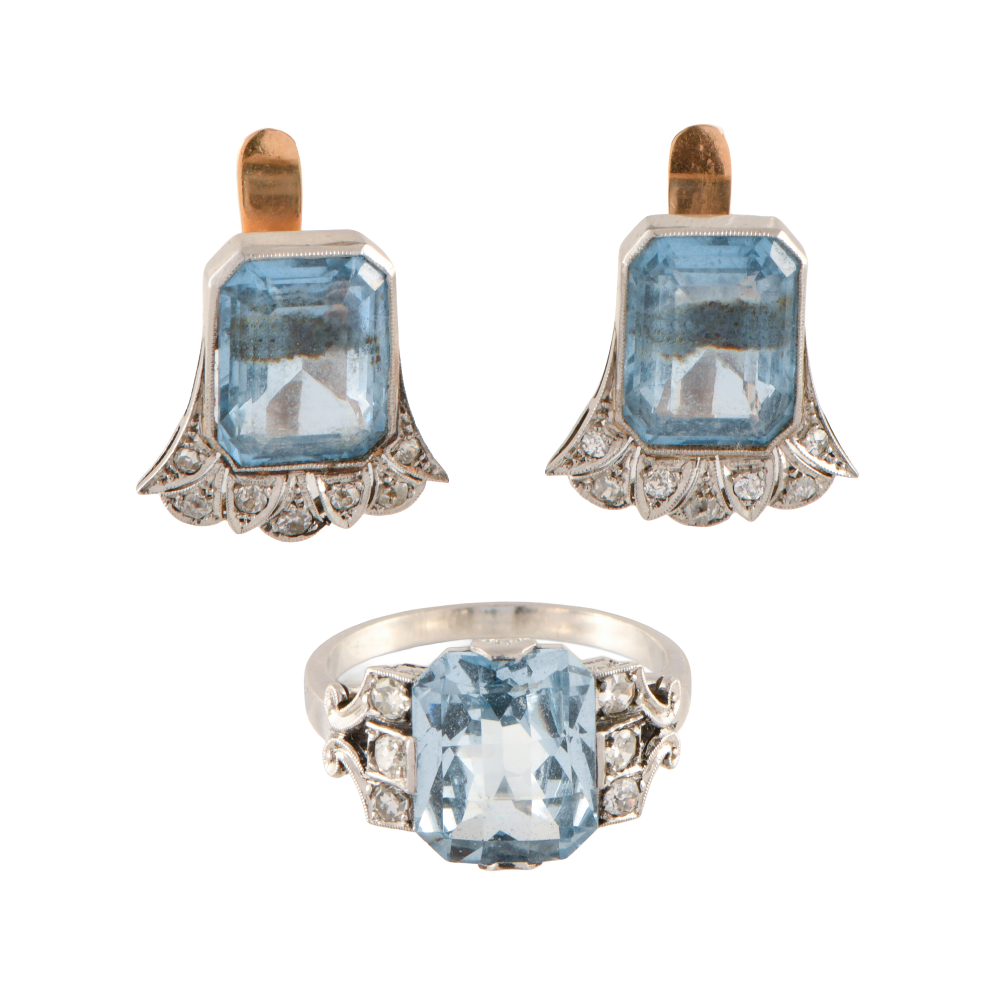 Conjunto de pendientes y anillo art déco con aguamarinas y 