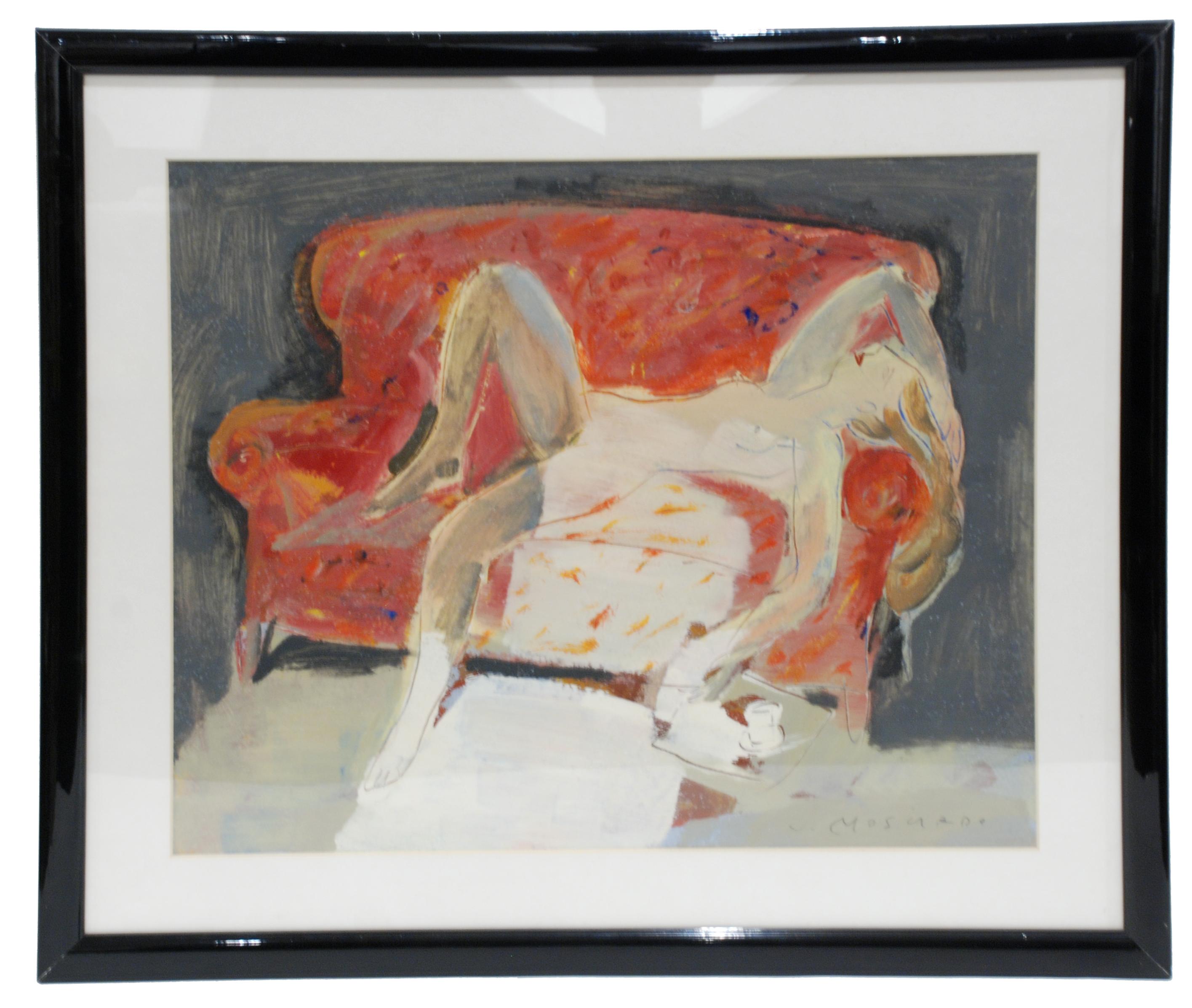 JOSEP MOSCARDÓ (1953), Desnudo sobre sofá, Óleo sobre cartón