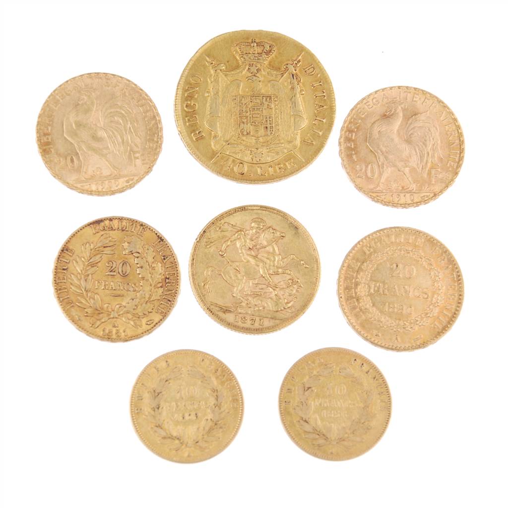 SEIS MONEDAS FRANCESAS, UNA INGLESA  Y UNA ITALIANA EN ORO