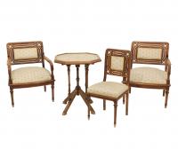 290-ATRIBUIDO A FRANCESC VIDAL JEVELLÍ I FREDERIC VIDAL I PUIGJuego de mesa auxiliar, pareja de butacas y silla, finales siglo XIX.