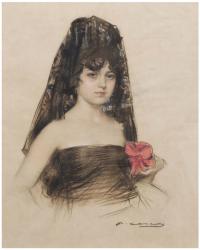 880-RAMON CASAS Y CARBÓ (1866-1932). "Julia con mantilla y flor".