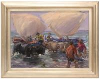 879-ROBERTO DOMINGO Y FALLOLA (1883-1956). "Recogiendo las barcas".