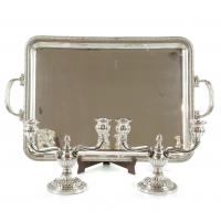 6-SPANISH SILVER TRAY AND CANDELABRAS, MID C20th