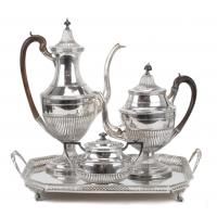 21-LARGE PORTIGUESE SILVER COFFEE POT, SUGAR BOWL AND TRAY, LATE C19th AND FIRST HALF C20th