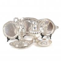 45-TWO SILVER ENGRAVED AND DECORATED SPANISH JUGS, SALVER, TRAY AND THREE CENTRE PIECES, SECOND HALF C20th.