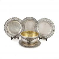 2-SET OF FOUR SPANISH SILVER SIDE PLATES AND FINGERBOWL, MID C20th.