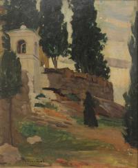 872-SANTIAGO RUSIÑOL (1861-1931). "PERSONAJE ANTE ERMITA  EN LOS ALREDEDORES DE SITGES".