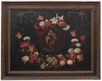 1082-SOUTH DUTCH SCHOOL, SECOND THIRD C17th. "GARLAND OF FLOWERS AND FRUITS WITH SAINT JOSEPH AND THE CHILD".