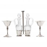 5-PAIR OF SILVER CAVA GLASSES AND OIL & VINEGAR CRUET, MID C20th.