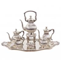 59-SPANISH SILVER COFFEE AND TEA SET WITH CLAW FOOT SAMOVAR, MID C20th.