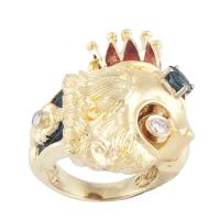 177-LION RING WITH CROWN IN YELLOW GOLD AND BRILLIANT CUT DIAMONDS AND SAPPHIRE. 