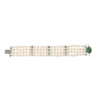 134-PEARLS, DIAMONDS AND ESMARALDS BRACELET, 20TH CENTURY.