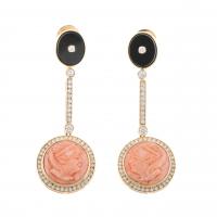 261-DIAMONDS AND CORAL LONG EARRINGS.