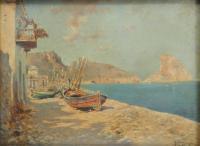 887-GENARO PALAU (1868-1933). "BARCAS EN LA PLAYA DE ALTEA". 