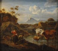 824-HENDRICK MOMMERS (1623-1693). "LANDSCAPE WITH SHEPHERDS AND COWS".