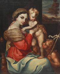 826-18TH CENTURY ITALIAN SCHOOL "MADONNA WITH CHILD JESUS AND ST. JOHN"