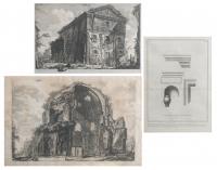 549-GIOVANNI BATTISTA PIRANESI (1720-1778) AND GIROLAMO ROSSI (1682-1762). "THREE PRINTS: VIEW OF THE TEMPLE OF MINERVA, VIEW OF THE TEMPLE OF BACCHUS, AND SHEET WITH ORNAMENTAL DETAILS OF THE SEPULCHRAL CHAMBER OF THE FREEDMEN AND SERVANTS OF THE AUGUSTUS FAMILY". 