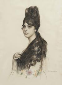 873-RAMÓN CASAS Y CARBO (1866-1932). "GIRL WITH A PEINETA COMB AND A MANTILLA", C. 1915.