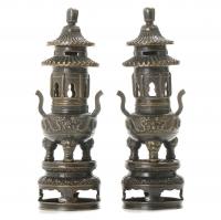 297-PAIR OF CHINESE CENSERS IN THE SHAPE OF PAGODAS, MID 20TH CENTURY.