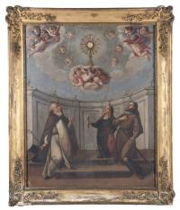834-ESCUELA MADRILEÑA, SIGLO XIX. "LA ADORACIÓN DE LA SAGRADA FORMA POR SAN ANTONIO ABAD, Y SAN ISIDRO LABRADOR Y SANTA MARÍA DE LA CABEZA, PATRONES DE LA VILLA DE MADRID".