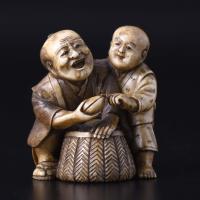 62-JAPANESE SCHOOL. MEIJI PERIOD, 19TH CENTURY. "CHILD AND AN OLD MAN WITH THE PEACH OF HAPPINESS".