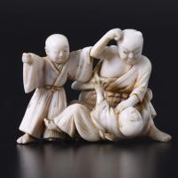 76-JAPANESE SCHOOL. MEIJI PERIOD, 19TH CENTURY. "THREE CHARACTERS DEPICTING AN ANCIENT JAPANESE TALE".