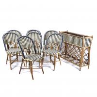 290-MAISON GATTI. SET OF SIX FRENCH CHAIRS AND PLANTER, MID 20TH CENTURY.