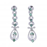 177-ART DECO STYLE LONG EARRINGS IN PLATINUM, EMERALDS AND DIAMONDS.