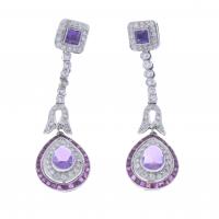 176-ART DECO STYLE PLATINUM LONG EARRINGS WITH AMETHYSTS, DIAMONDS AND RUBIES.