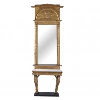 480-SPANISH FERDINAND-STYLE CONSOLE TABLE WITH EMPIRE-STYLE "TRUMEAU" MIRROR, 20TH CENTURY.