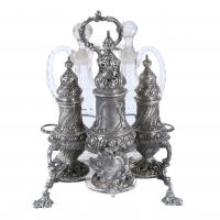 8-ENGLISH GEORGE III-STYLE LARGE CRUETS AND SPICE JARS STAND IN SILVER, 18TH CENTURY.