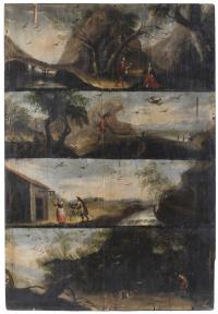 597-17TH. CENTURY SPANISH OR VICEREGAL SCHOOL. FOUR COURT AND HUNTING SCENES.