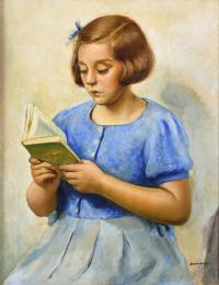 489-FRANCISCO DOMINGO SEGURA (1893-1974). "LITTLE GIRL IN BLUE READING", Tossa, 1942.
