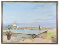 562-RAMON PUJOL BOIRA (1949). "LANDSCAPE WITH A GIRL IN A SWIMMING POOL AND A CAT".