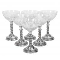 16-SET OF SIX SPANISH CAVA GOBLETS IN SILVER, MID 20TH CENTURY.