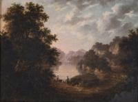 433-ROBERT WOODLEY-BROWN (act. 1840-1860). "LANDSCAPE WITH A LAKE AND FIGURES".
