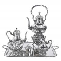 17-ARAGONESE SILVER COFFEE SET WITH SAMOVAR, MID 20TH CENTURY.