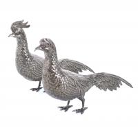 1-TWO LARGE SPANISH PHEASANTS IN SILVER, MID 20TH CENTURY.