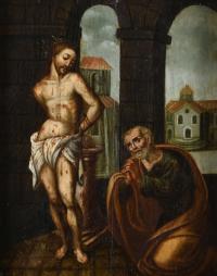 604-ESCUELA QUITEÑA, SIGLO XVI-XVII. "CRISTO ATADO A LA COLUMNA JUNTO A SAN PEDRO ARREPENTIDO".