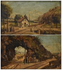17680-20TH CENTURY SPANISH SCHOOL. "WOMEN GATHERING WATER" and "TRAIN TRACK".