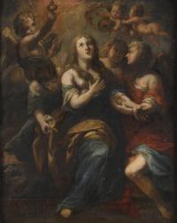 425-17TH-18TH CENTURIES SPANISH SCHOOL. "MAGDALENE ASSISTED BY ANGELS".