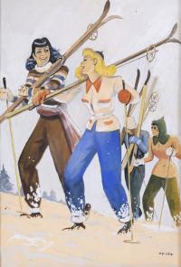 589-RICARD OPISSO (1880-1966). "GIRLS SKIING".