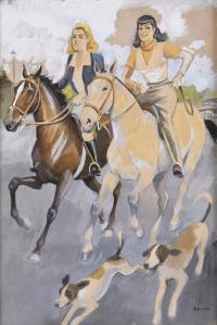 588-RICARD OPISSO (1880-1966). "GIRLS ON HORSEBACK AND DOGS".
