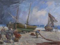 566-ALEXANDRE DE CABANYES MARQUES (1877-1972). "BOATS ON THE BEACH AND FIGURES".