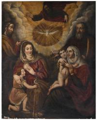 598-18TH CENTURY SPANISH OR MEXICAN SCHOOL. "HOLY FAMILY WITH SAINT ANNE AND SAINT JOACHIM" OR "THE TWO TRINITIES".