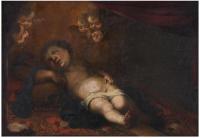 592-18TH CENTURY, SPANISH SCHOOL. "CHILD JESUS SLEEPING ON THE CROSS AND SKULL". 
