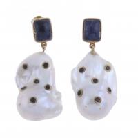 159-BAROQUE PEARL, LAPIS LAZULI AND SAPPHIRE EARRINGS.