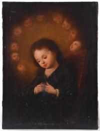 519-18TH CENTURY, SPANISH SCHOOL. "BABY JESUS SURROUNDED BY ANGELS".