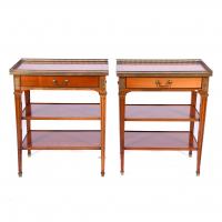 492-AFTER MODELS BY DAVID ROENTGEN (1743-1807). PAIR OF SIDE TABLES, LOUIS XVI STYLE, EARLY 20TH CENTURY. 