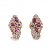 124-DIAMONDS, RUBIES AND SAPPHIRES FLORAL EARRINGS.